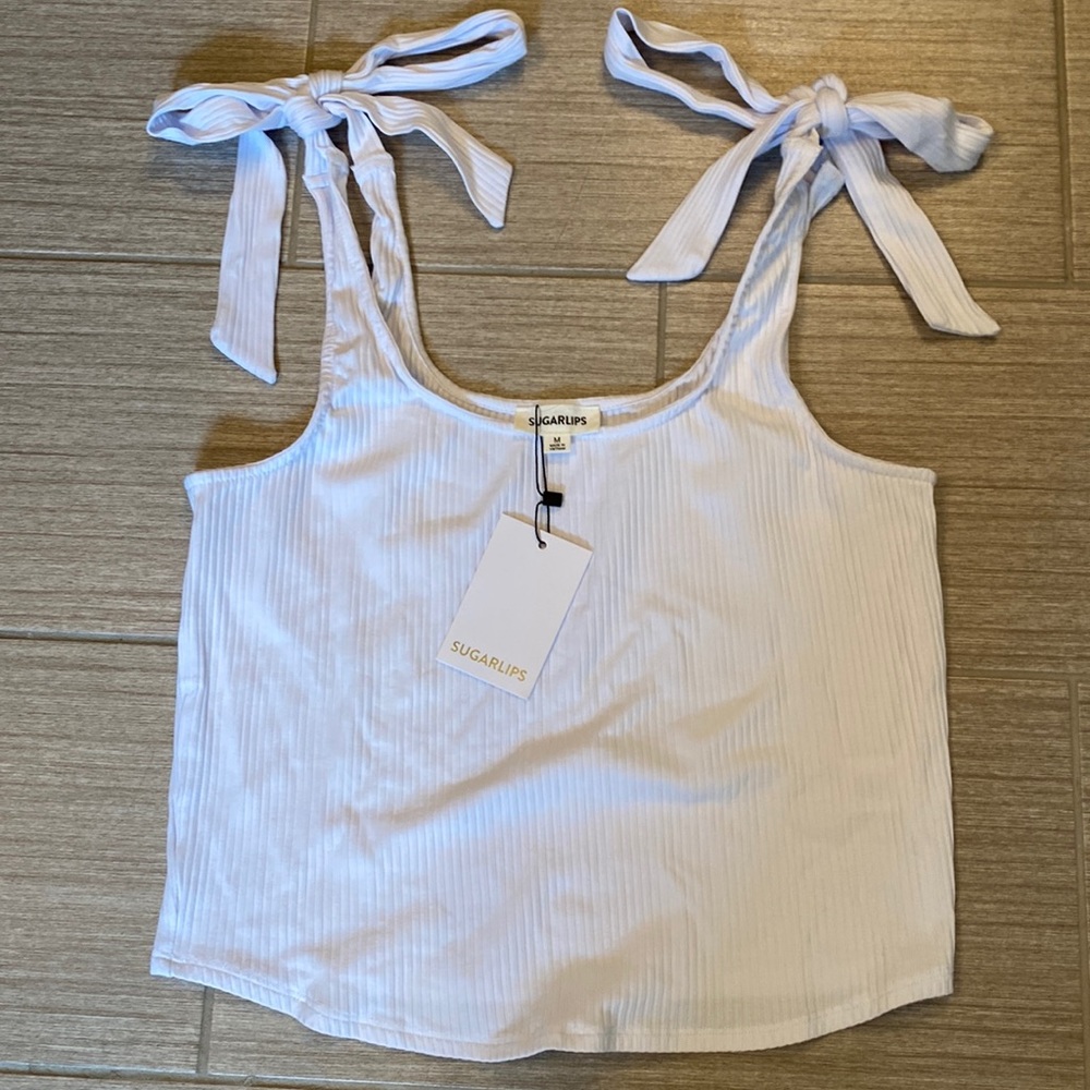 BWT white ribbed cropped tank with tie shoulders